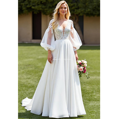 Ivory Chiffon A Line Court Train Wedding Dress with Lace Appliques