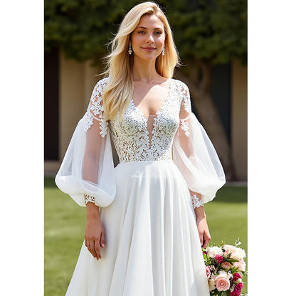 Ivory Chiffon A Line Court Train Wedding Dress with Lace Appliques