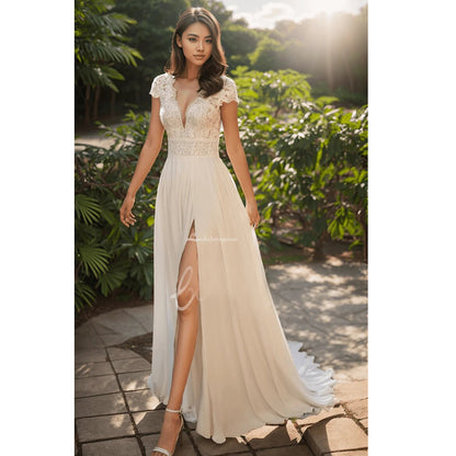 A-Line V-neck Wedding Dress with Button Illusion Back
