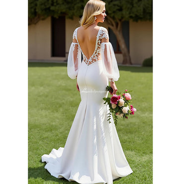 V-Neck Satin Mermaid Ivory Wedding Dress with Lace Appliques
