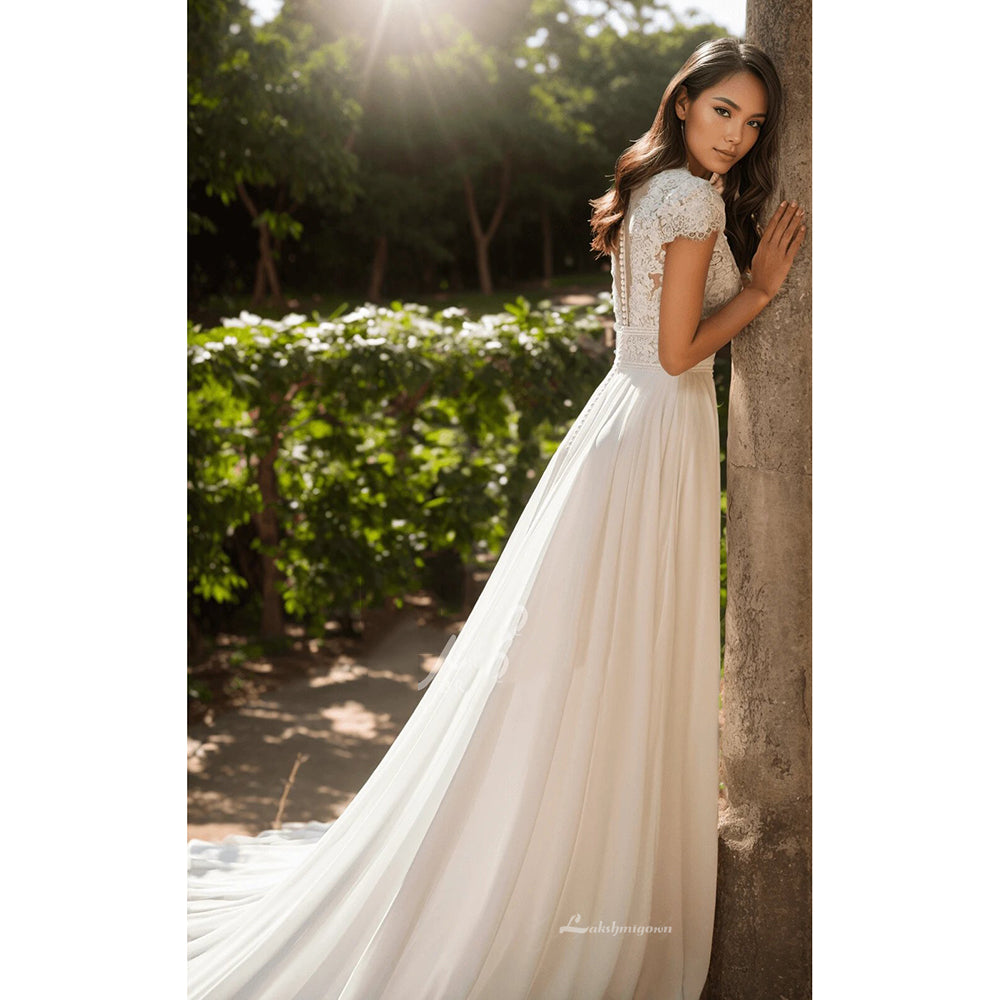 A-Line V-neck Wedding Dress with Button Illusion Back