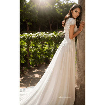 A-Line V-neck Wedding Dress with Button Illusion Back