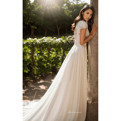 A-Line V-neck Wedding Dress with Button Illusion Back