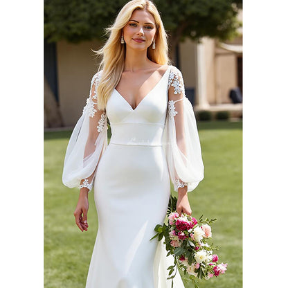 V-Neck Satin Mermaid Ivory Wedding Dress with Lace Appliques