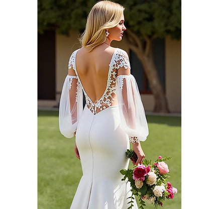 V-Neck Satin Mermaid Ivory Wedding Dress with Lace Appliques