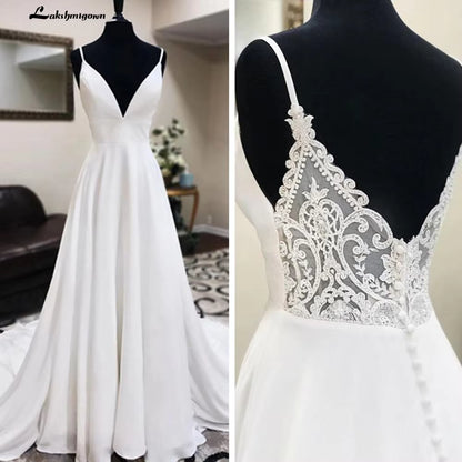 Spaghetti White Crepe Satin A Line Wedding Dress