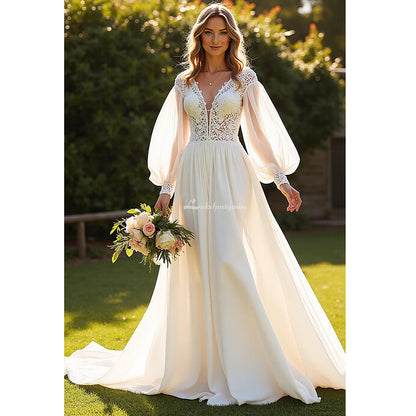 Chiffon A Line V-Neck Court Train Ivory Wedding Dress with Lace