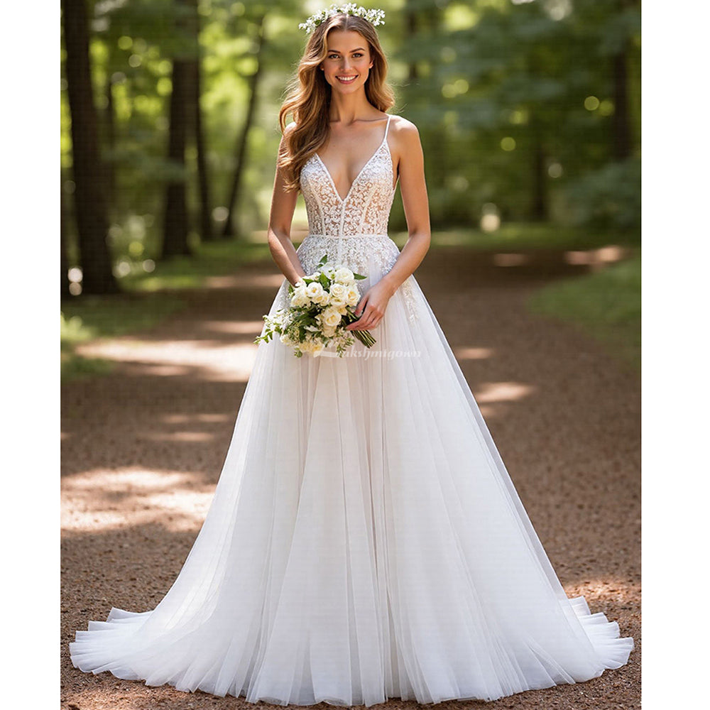 Ivory A Line V Neck Corset Tulle Long Wedding Dress