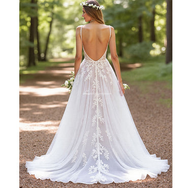 Ivory A Line V Neck Corset Tulle Long Wedding Dress