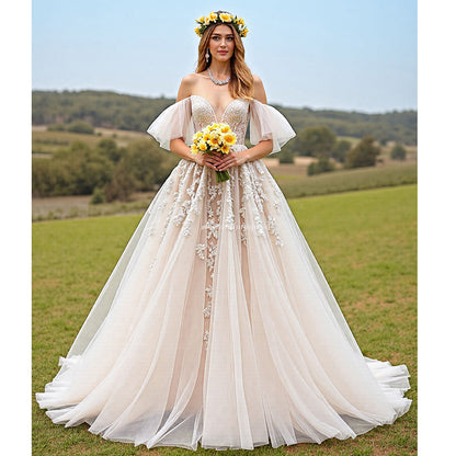Off The Shoulder Apricot A Line Wedding Dress