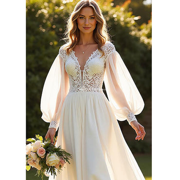 Chiffon A Line V-Neck Court Train Ivory Wedding Dress with Lace