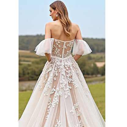 Off The Shoulder Apricot A Line Wedding Dress