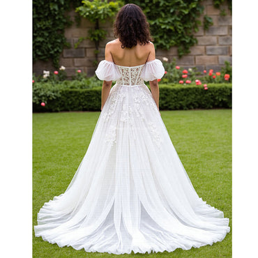 Off The Shoulder Ivory A Line Corset Wedding Dress