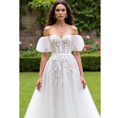 Off The Shoulder Ivory A Line Corset Wedding Dress