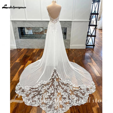 Civil V neck Chiffon Wedding Gowns Open Back Bridal Boho Long Wedding Dresses