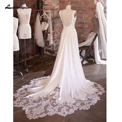 Scoop Neck Crepe Court Train Wedding Dress