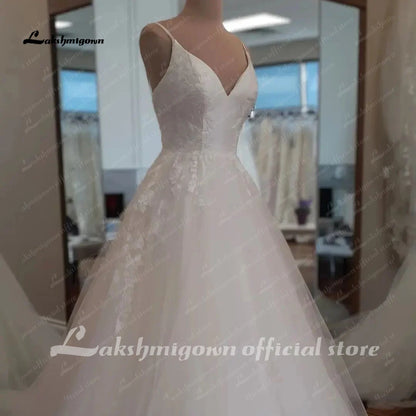 V Neck Lace Boho Sleeveless Wedding Dress