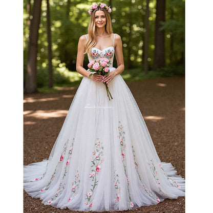 Floral Ivory Embroidery A Line Wedding Dress Country Bridal Gowns