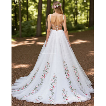 Floral Ivory Embroidery A Line Wedding Dress Country Bridal Gowns