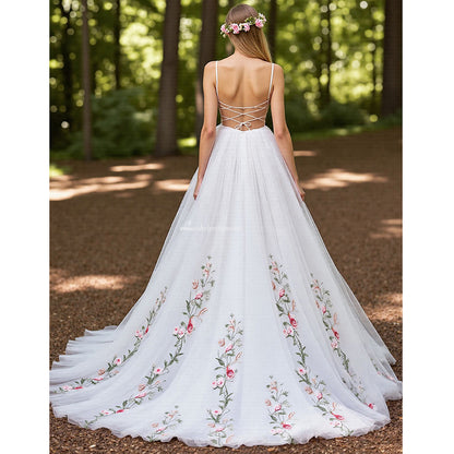 Floral Ivory Embroidery A Line Wedding Dress Country Bridal Gowns
