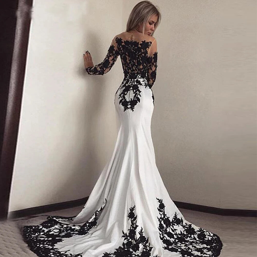 White Black Lace Mermaid Wedding Dresses Long Sleeve Satin Bride Gown ﻿