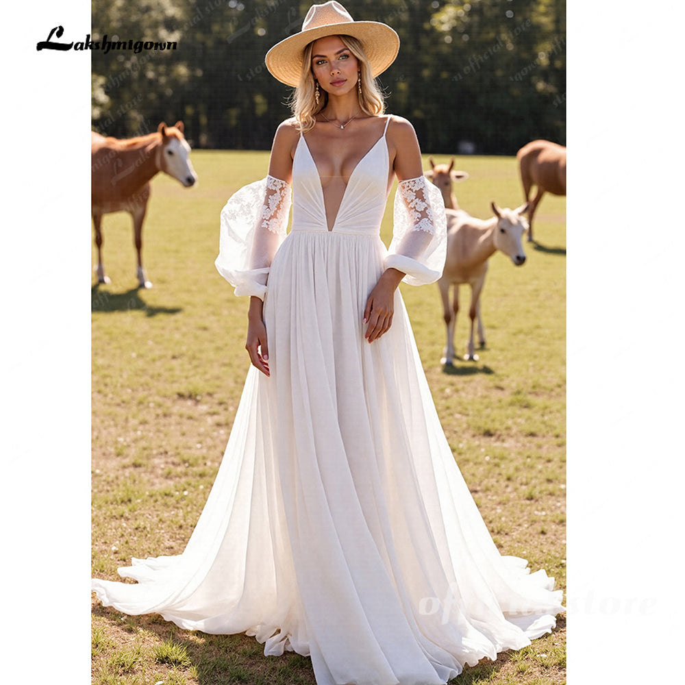 Deep V Neck A Line Chiffon Sweep Train Wedding Dress with Puffy Sleeves