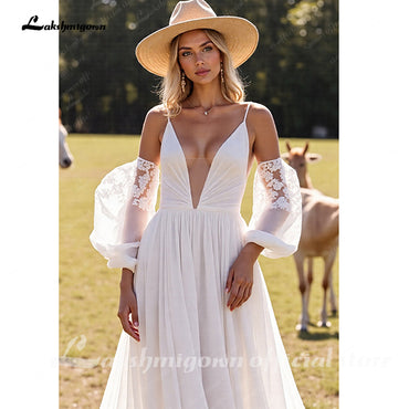 Deep V Neck A Line Chiffon Sweep Train Wedding Dress with Puffy Sleeves