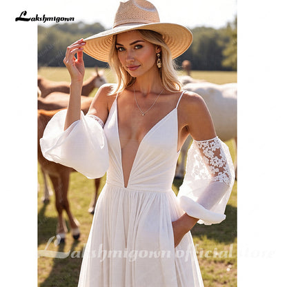 Deep V Neck A Line Chiffon Sweep Train Wedding Dress with Puffy Sleeves