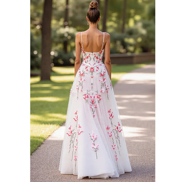 Pink Floral Embroidery V-Neck Wedding Dress Spaghetti Straps A Line Wedding Gown