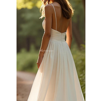 Ivory Spaghetti Straps Simple Chiffon A Line Wedding Dress