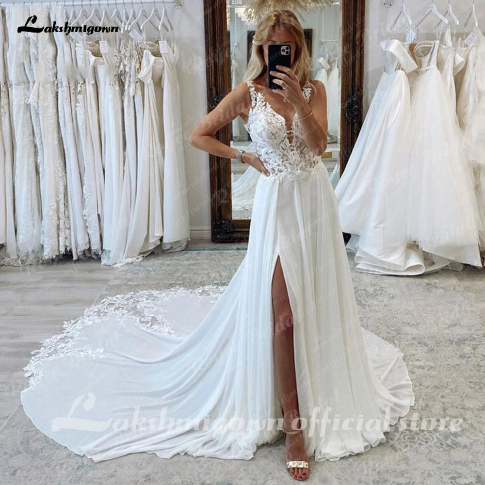 A-Line Split Chiffon Illusion Bodice Backless Beach Wedding Dresses