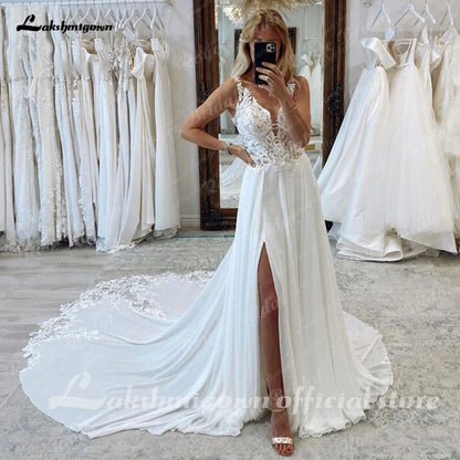 A-Line Split Chiffon Illusion Bodice Backless Beach Wedding Dresses