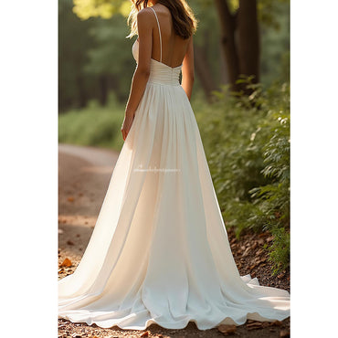 Ivory Spaghetti Straps Simple Chiffon A Line Wedding Dress