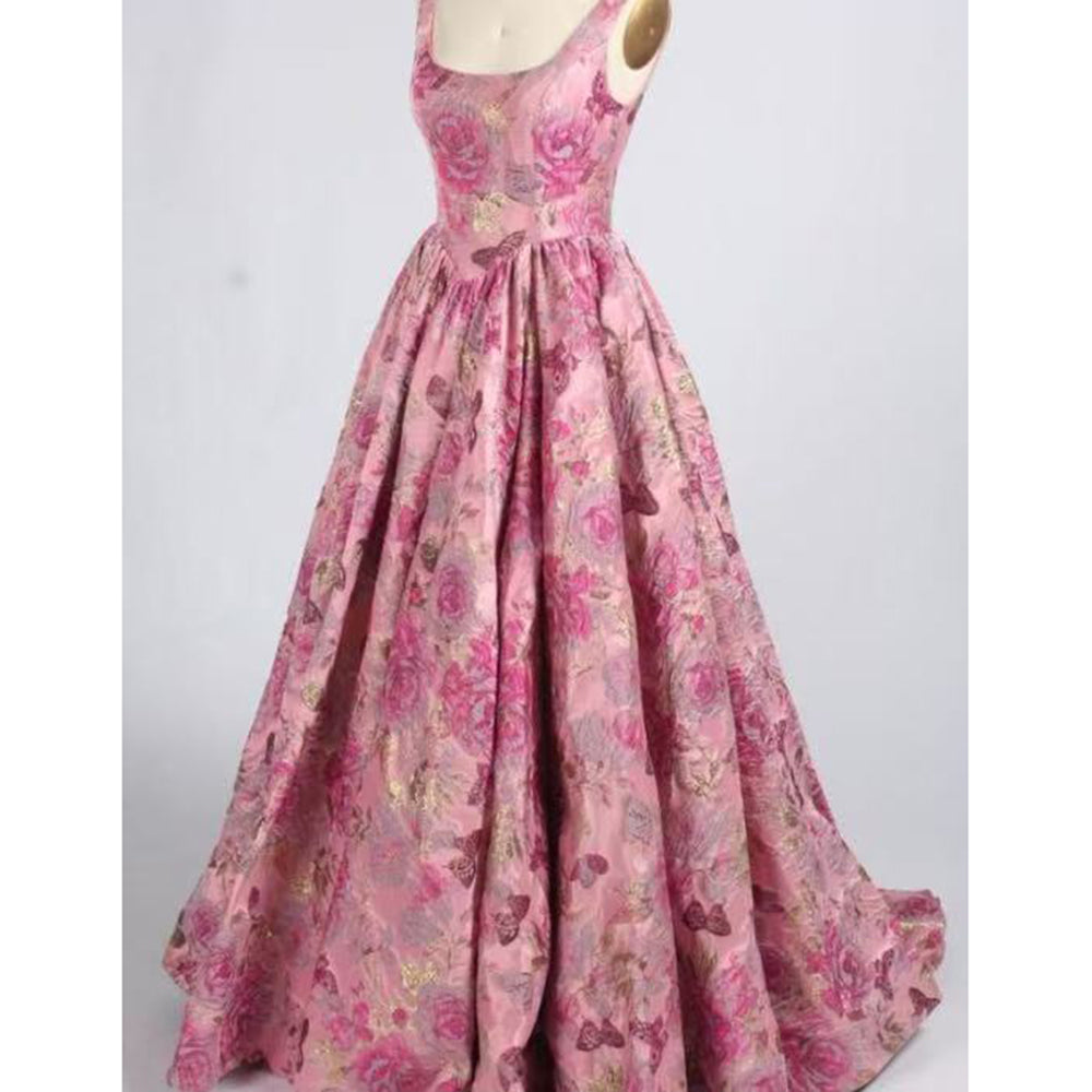 Square Neck A Line Print Floral Prom Dress
