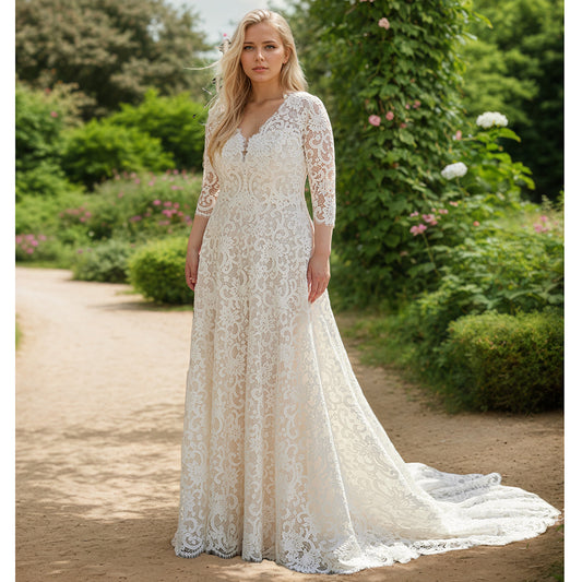 Plus Size Full Lace Long Sleeve Boho Wedding Dresses 2025 New Women V Neck Bridal Gowns
