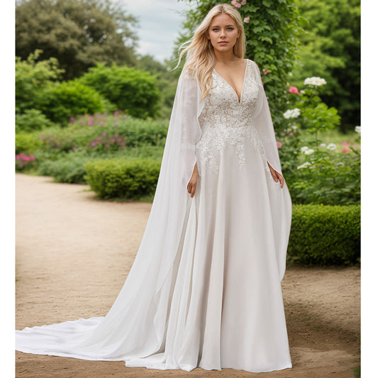 Plus Size Long Sleeves Wedding Dress with Cape For Woman