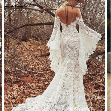 Boho Long Sleeves Wedding Dresses Sheer O-neck Vintage Lace Bohemian Hippie Country Bride Gowns