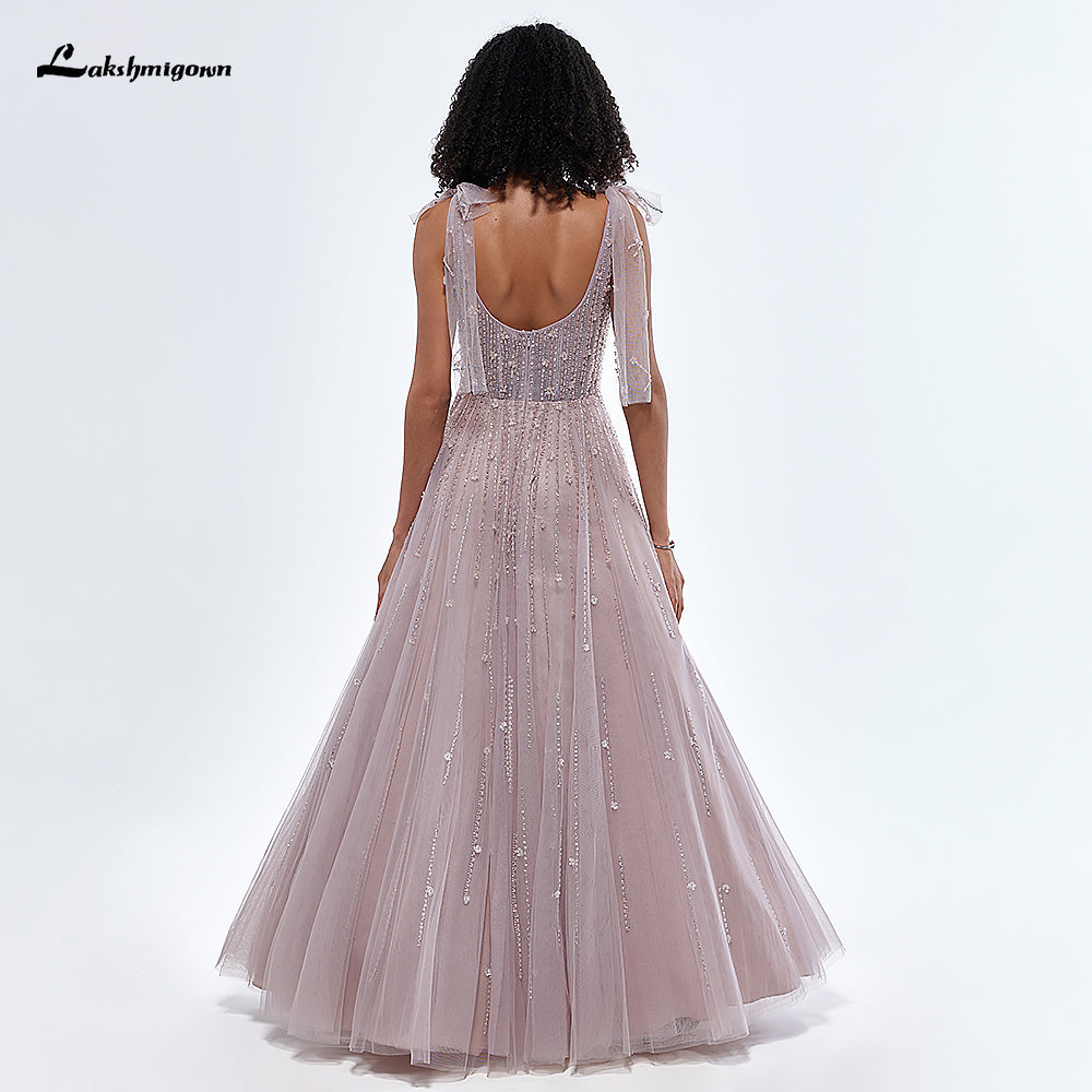 V Neck Spaghetti Straps Bow Beading Evening Party Dress For Women Party Gown L77451