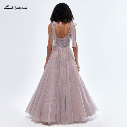 V Neck Spaghetti Straps Bow Beading Evening Party Dress For Women Party Gown L77451