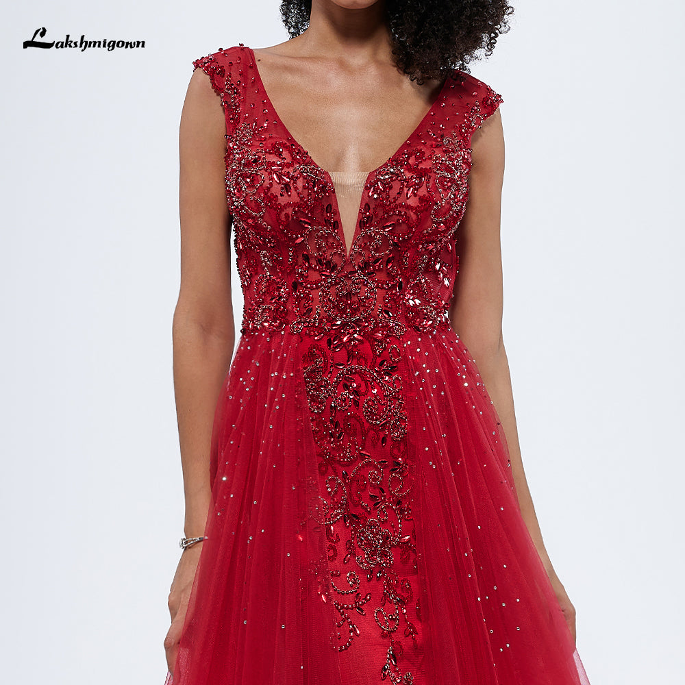 Red V Neck Off the Shoulder Beading A Line Evening Prom Dress L99306