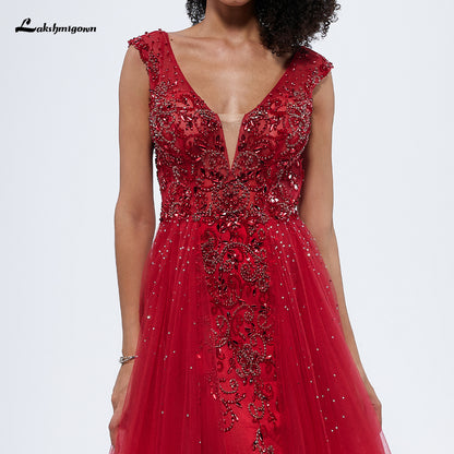 Red V Neck Off the Shoulder Beading A Line Evening Prom Dress L99306