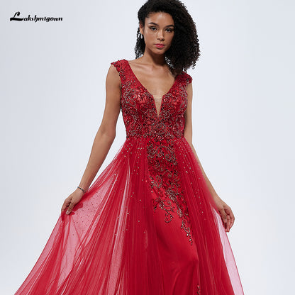 Red V Neck Off the Shoulder Beading A Line Evening Prom Dress L99306