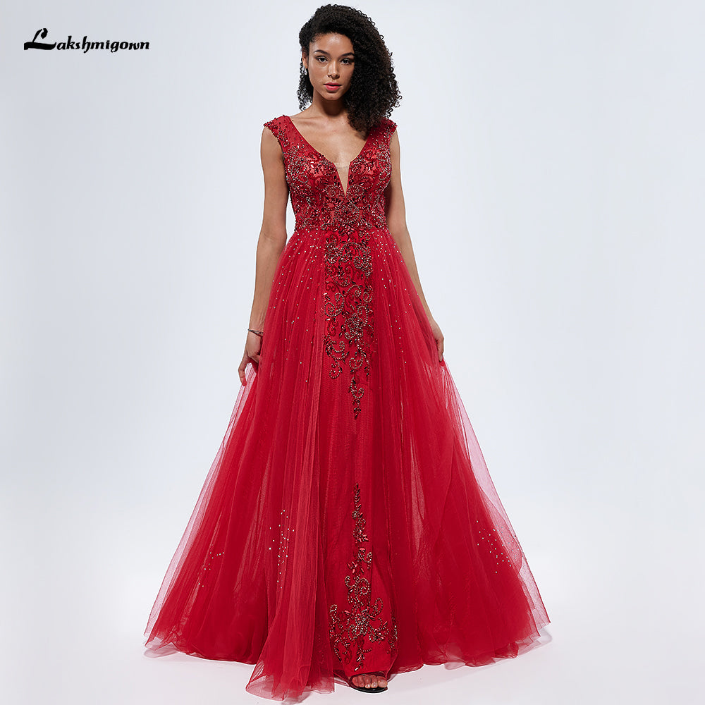 Red V Neck Off the Shoulder Beading A Line Evening Prom Dress L99306