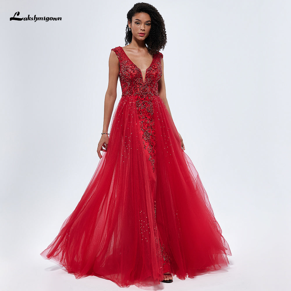 Red V Neck Off the Shoulder Beading A Line Evening Prom Dress L99306
