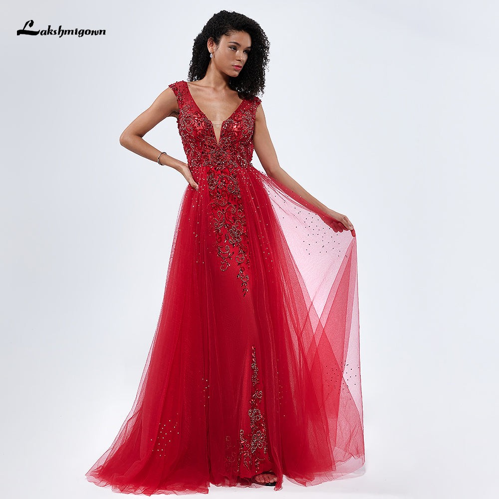 Red V Neck Off the Shoulder Beading A Line Evening Prom Dress L99306