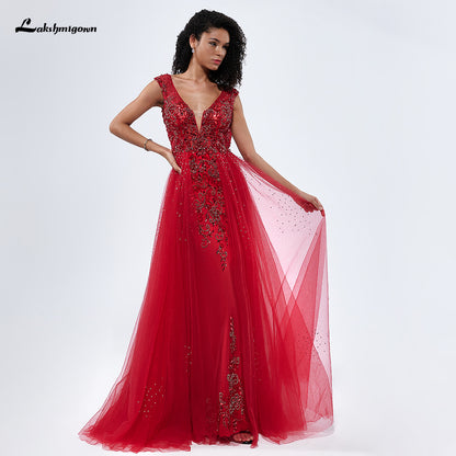 Red V Neck Off the Shoulder Beading A Line Evening Prom Dress L99306
