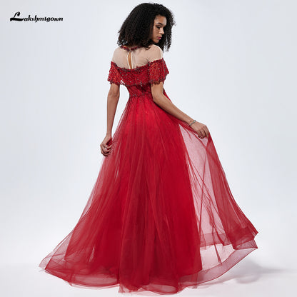 O-Neck Sequins Sexy Evening Dresses Short Sleeves A-Line Formal Gown  L99305