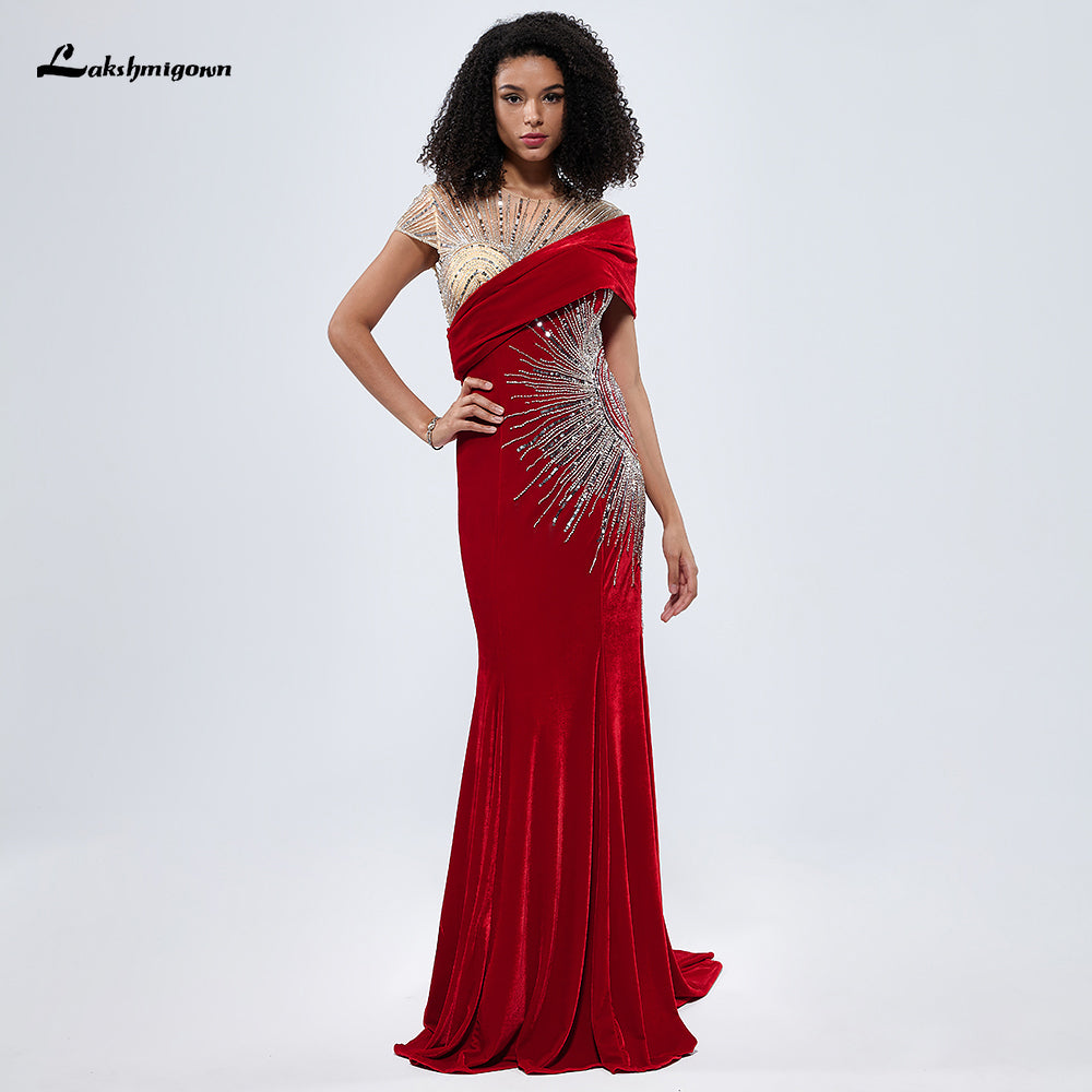 Red Velvet Cape Sleeves Beading Mermaid Evening Dress L99874