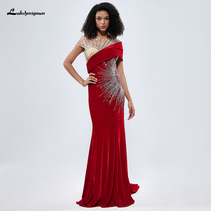 Red Velvet Cape Sleeves Beading Mermaid Evening Dress L99874