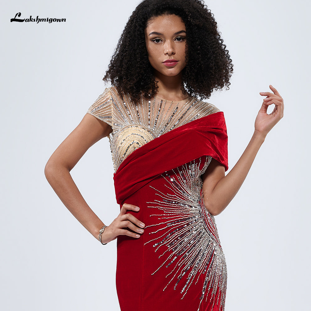 Red Velvet Cape Sleeves Beading Mermaid Evening Dress L99874